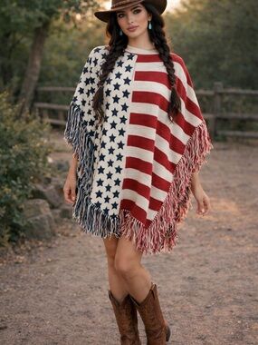 American Flag Knit Fringe Poncho - Red, Navy & Cream